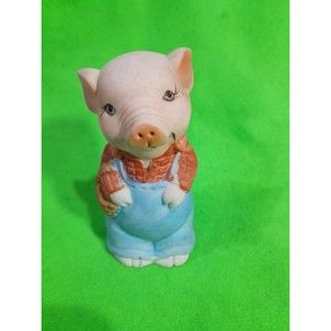 Vintage Jasco Bisque Farmer Pig Ringing Bell 4" Tall